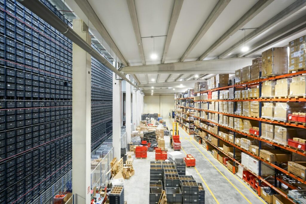 An overhead shot of a large warehouse's inventory.