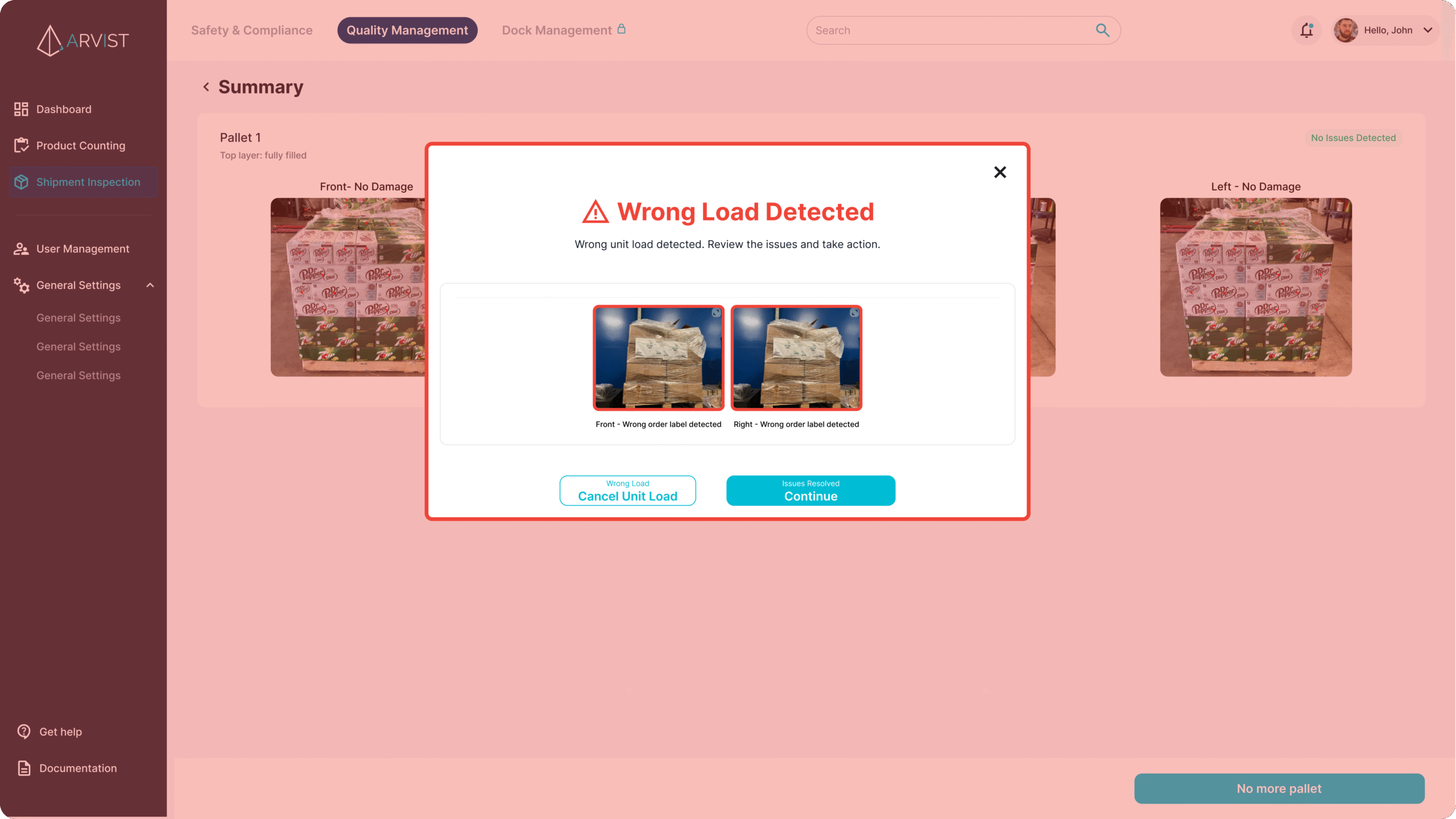 Arvist flags a wrong order label in real time — before the pallet clears the dock door.